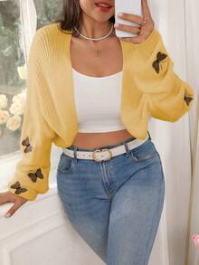 EMERY ROSE Chaqueta corta de punto de talla grande para mujer con bordado de mariposa en unicolor, de moda y versátil para otoño/invierno - Amarillo - Ver 6