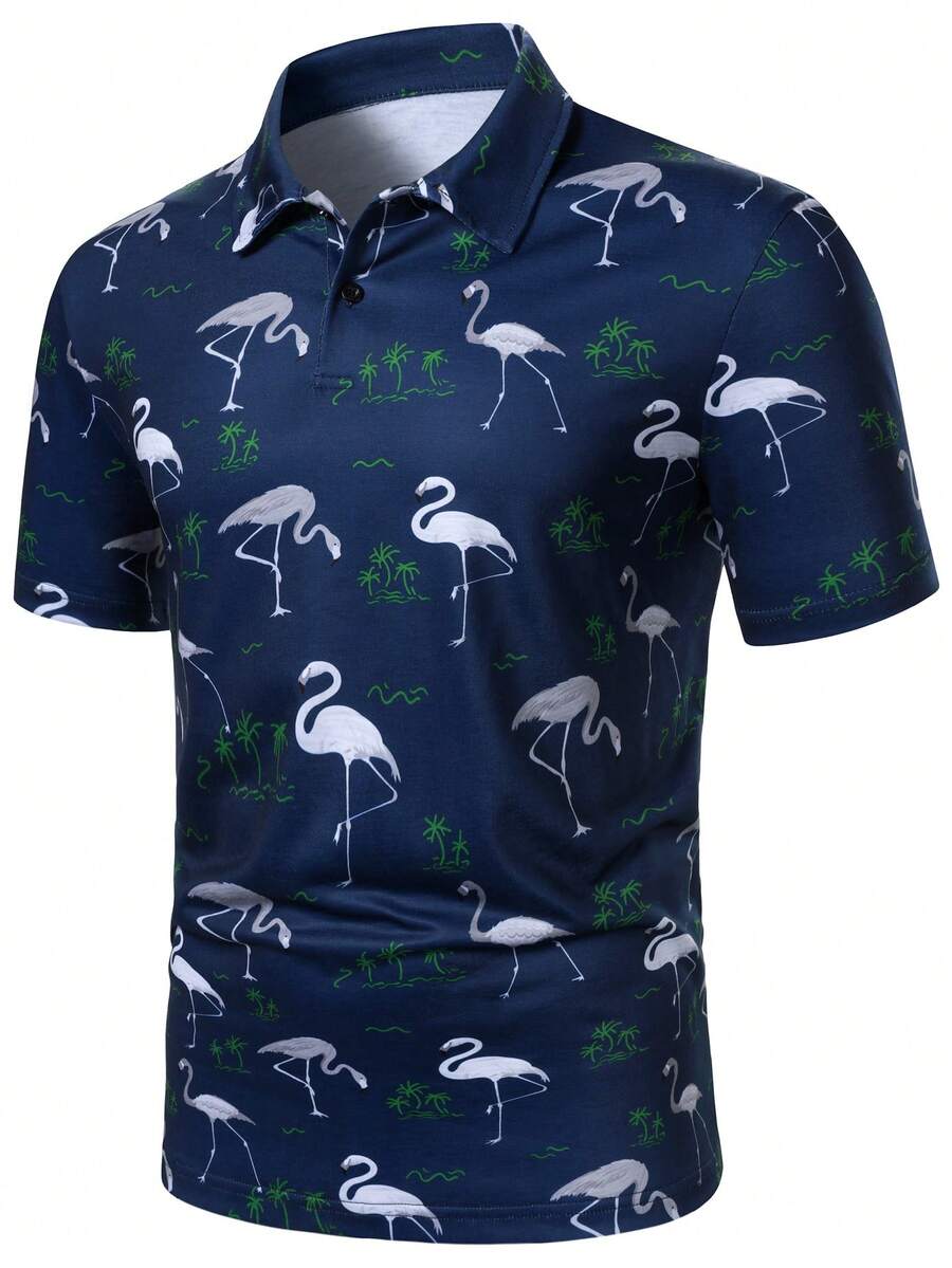 Manfinity Homme Kemeja Polo Pria Kasual untuk Liburan dengan Motif Pohon Kelapa & Flamingo - Navy Blue - View 1