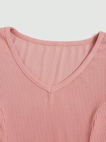 Elenzga Women's Solid Color V-Neck Short Sleeve Ruffle Rib T-Shirt, Summer - Pink - View 3