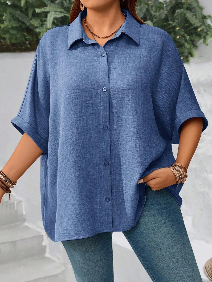 EMERY ROSE Plus Size Women's Solid Color Batwing Sleeve Loose Single-Breasted Casual Shirt,Vacation Outfits Woman,Summer Clothes Fall - Dusty Blue - View 1