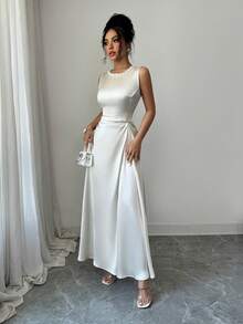 Selianne Women's Spring/Summer Elegant All White Satin Round Neck Faux Pearl Decor Side Ruched Maxi Dress, Suitable For Commuting And Party Occasions - Champagne - View 4