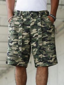 Manfinity EMRG Men's Casual Patchwork Waist Belt Camo Denim Shorts Vacation Army Green Summer - Multicolor - View 8