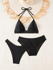 Swim Vcay Bộ bikini 3 món màu đen gồm áo croptop cổ yếm, quần lót cạp cao và quần đùi cạp cao, kiểu dáng thanh lịch, thích hợp cho mùa hè. - màu đen - Xem 3