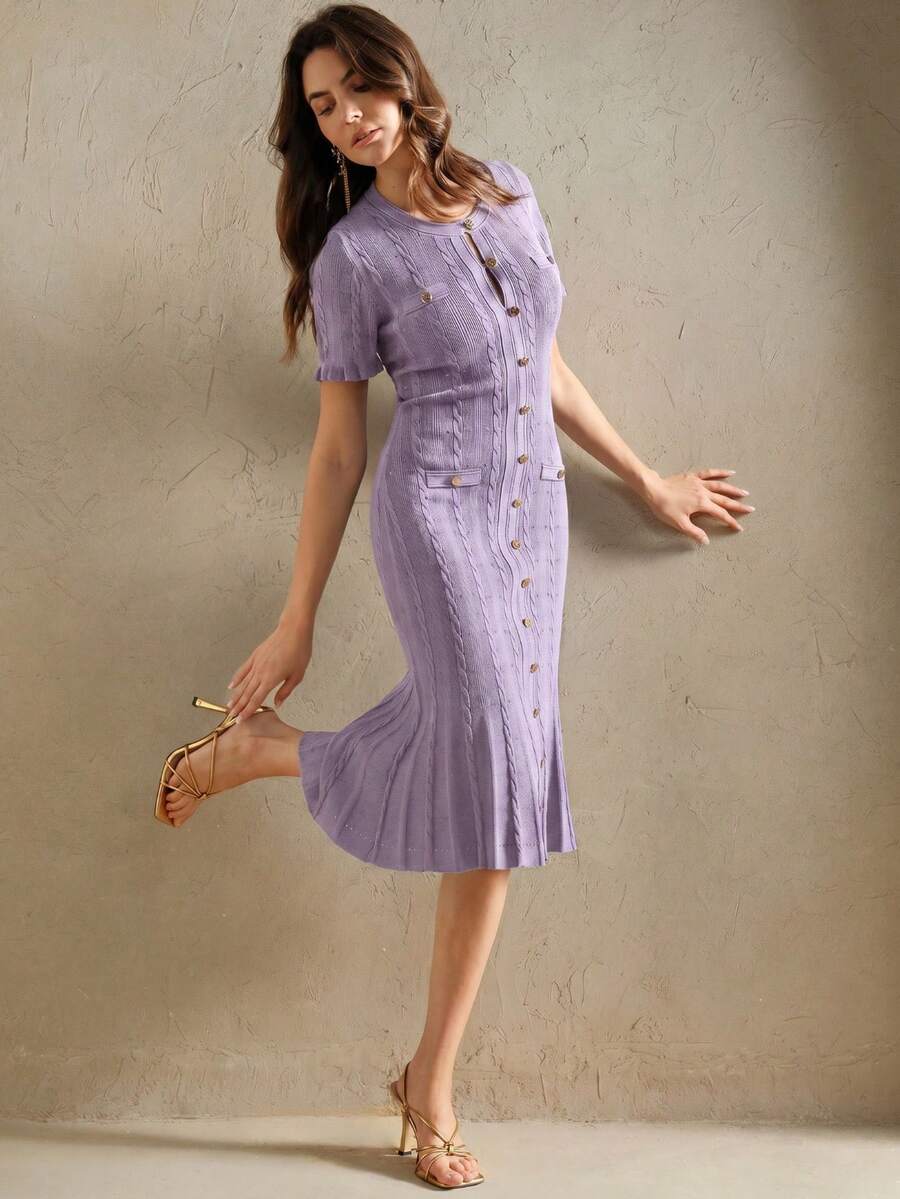 Anewsta Purple Autumn Elegant Tea Party Dress For Women,Knitted Cable Knit Buttoned Mermaid Hem Frill Trim Perforated Twist Rope Aran Solid Long Sleeve Dress - Mauve Purple - View 1