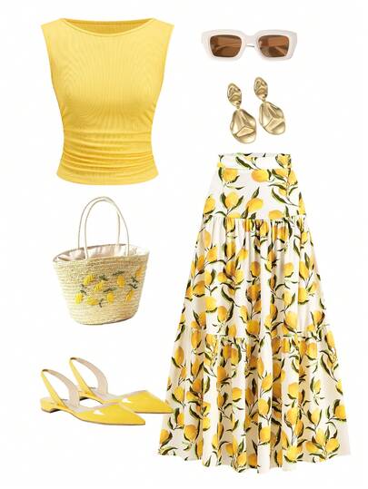 Ellevyn Women's Vacation Casual Solid Color Tank Top And Lemon Print Mini Skirt 2 Pieces Set