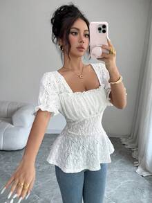 Modelyn 法式方领收腰花瓣袖女式上衣 - 白色 - 查看 7