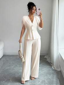Elenzga Aprikot Chiffon Jacke mit geraffter Taille, kurzen Ärmeln, V-Ausschnitt Bluse und gerade geschnittene Hose, Zweiteiler, elegant und vielseitig für Büro und Lässig, Sommer - Aprikosenfarben - Übersicht 3