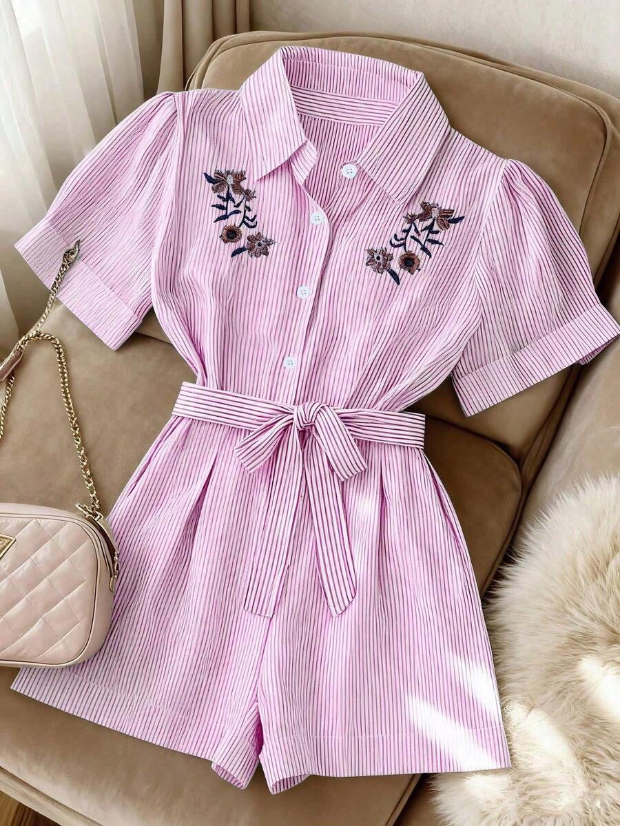 Franclia Mono corto casual de rayas azules con cintura ceñida, mangas cortas, cuello de solapa y bordado elegante minimalista francés para mujer, primavera/verano - Rosa - Ver 1