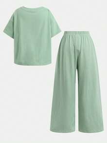SHEIN 2pcs/Set Baju dan Celana Panjang Lengan Pendek Longgar Model Bahu Jatuh Warna Hijau Polos untuk Anak Perempuan, Musim Panas - Hijau - View 2