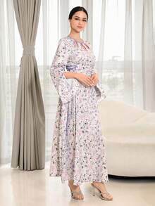 Yasmyna 女士优雅花卉印花交叉裹腰阿拉伯风格连衣裙 - 彩色 - 查看 4