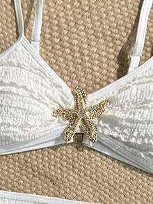 SHEIN Tween Girls' Summer Beach Vacation Solid Color Textured Fabric Metal Starfish Decor Bikini 3-Piece Set: Bikini Set, Cover-Up, And Skirt - Apricot - View 5