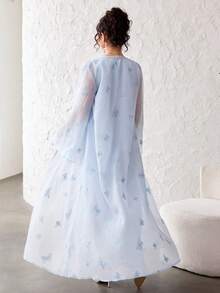 Yasmyna Elegant Organza Butterfly Embroidered Long Sleeve Vest Dress Abaya For Women - Blue - View 8