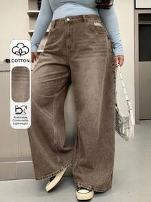 Dazy Plus Jeans de pierna ancha y larga de talla grande con efecto lavado y desgastado - Marrón - Ver 1