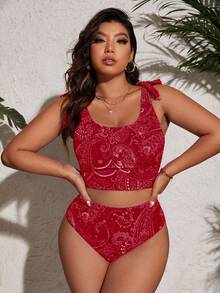 Slaydiva Bộ đồ bơi tankini cỡ lớn dành cho nữ, gồm áo tankini in họa tiết toàn thân và quần tankini tam giác, thích hợp cho kỳ nghỉ hè. - Đỏ - Xem 3