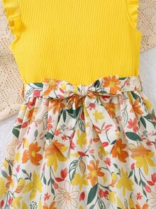 SHEIN Vestido con estampado floral, volantes en las mangas y cinturón para adolescentes en vacaciones de verano - Amarillo - Ver 5