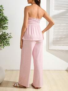 SHEIN Conjunto casual cómodo, adecuado para usar en primavera y verano, que incluye top tubo de hombros descubiertos a rayas y pantalones a juego; conjunto casual de moda para mujeres embarazadas - Rosa - Ver 3
