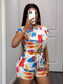 Slaydiva Plus Size Summer Casual All-Over Print Top And Shorts 2 Pieces Set Formal Vacation White - Multicolor - View 10