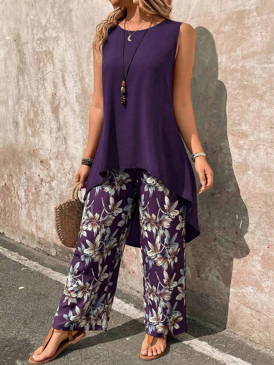 EMERY ROSE Set de 2 piezas: Top sin mangas con parte delantera corta y parte trasera larga de unicolor, y pantalones con estampado floral - Morado - Ver 1