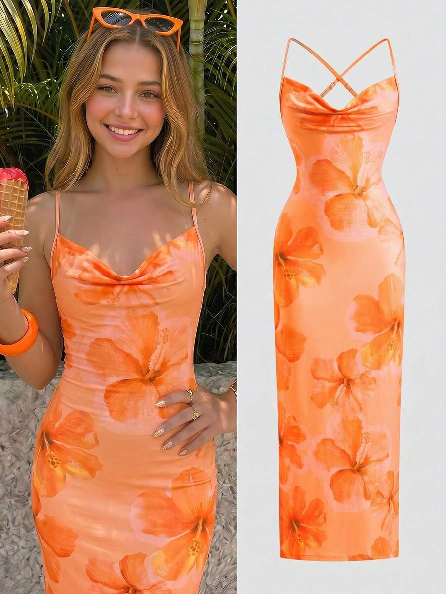 SHEIN Đầm maxi dáng ôm màu cam dệt kim không tay, lưng chéo, in hoa, dành cho thiếu nữ, thích hợp mặc đi nghỉ mát, mùa xuân/hè. - trái cam - Xem 1