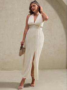 Elegantrix Vestido reto ajustado com decote halter, cintura com fenda, textura jacquard tricotada, estilo francês, praia, oceano, Plus Size, primavera/verão - Damasco - Visão 6
