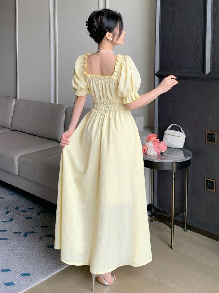 Casual Elegant Waist Cinched Long Dress, Yellow, Suitable For Spring & Summer Vacation