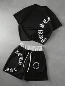 PAVTROS Bộ đồ nam phong cách đường phố gồm áo thun cổ tròn in họa tiết ánh kim và quần short cạp chun có dây rút. - màu đen - Xem 1