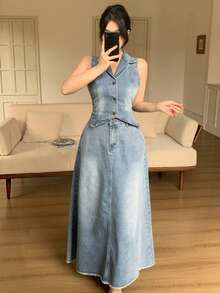 DAZY Bộ đồ nữ gồm áo khoác denim không tay và chân váy dài, kiểu dáng thường ngày, thích hợp cho mùa xuân/hè. - Màu xanh lam - Xem 9
