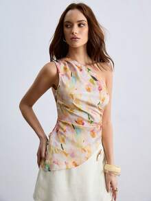 CielaLinda Women's One-Shoulder Asymmetric Hem Satin Floral Printed Top - Multicolor - View 4