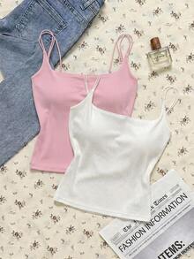 Attitoon 2pcs/Set Women's Casual Minimalist Pink & White Tank Tops, Suitable For Summer - Multicolor - View 2