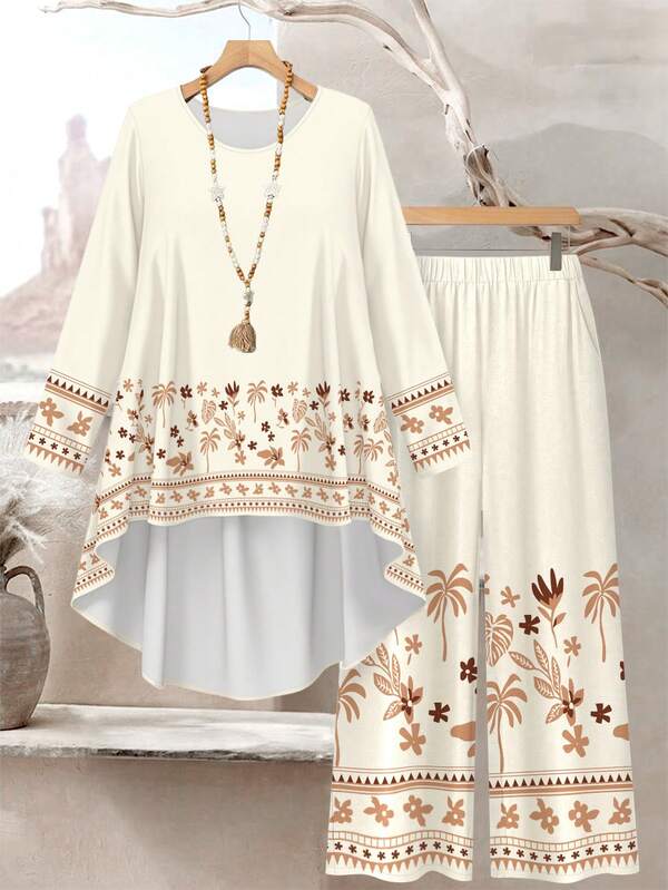 Lacomfia Turtle Shell Bamboo, Coconut Tree, Scattered Leaf Palm Leaf Plant, Small Flower Plant Khaki Silhouette Print Plus Size Women's Outfit, Women's Fashion Round Neck Long Sleeve Front Short Back Long Hem Loose Top, Women's 2-Piece Casual Set, Spring/Summer
