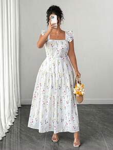 SHEIN Clasi Vestido Casual de Primavera para Saída, Chá da Tarde, Cintura Marcada, Estampa Floral Elegante, Resort Praia, Tamanhos Grandes para Mulheres - Branco - Visão 5