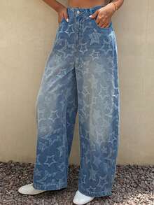 DAZY Cotton Vintage Star Pattern Textured Loose Straight Leg Washed White Baggy Women Jeans - Blue - View 4