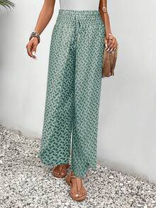 SHEIN Frenchy Quần ống rộng dáng suông, cạp chun, vạt chéo, họa tiết in toàn thân, thắt nút. - Màu xanh Ô liu - Xem 5