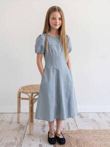 DAZY Tween Girls Denim Short Sleeve Dress - Light Wash - View 2