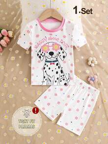 SHEIN 2pcs Set Piyama Rajut Lengan Pendek Motif Kartun Hewan & Bunga Kecil untuk Anak Perempuan - Putih - View 2