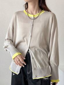 FRIFUL Women's Summer New Colorblock Long Sleeve Loose Casual Versatile Thin Cardigan - Grey - View 8