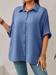 EMERY ROSE Plus Size Women's Solid Color Batwing Sleeve Loose Single-Breasted Casual Shirt,Vacation Outfits Woman,Summer Clothes Fall - Dusty Blue - View 5