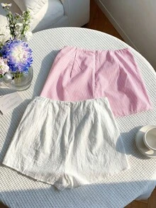 Comfortcana 2件組女款夏季休閒亞麻蝴蝶結裙褲，粉色條紋與白色抽繩圍裹短褲套裝，適合海灘度假 - 彩色 - 查看 2