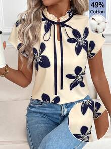 SHEIN Clasi Blusa con estampado floral y lazo versátil para mujer - Multicolor - Ver 1