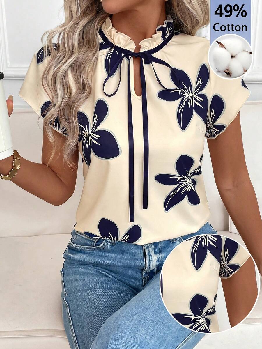 SHEIN Clasi Blusa con estampado floral y lazo versátil para mujer - Multicolor - Ver 1