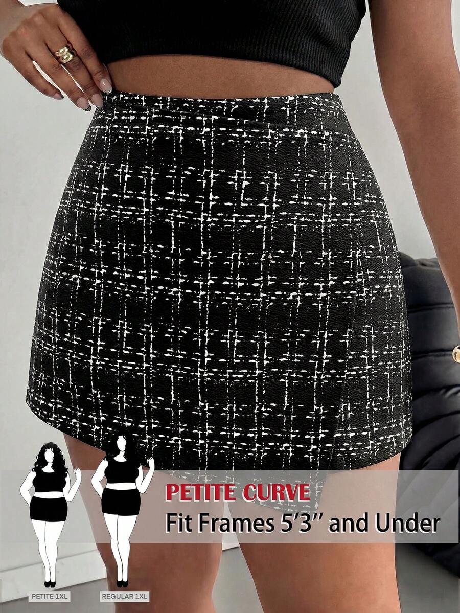 SHEIN PETITE CURVE CURVE 大尺碼女款黑白格紋 A 字迷你裙,高腰小個子休閒裙,優雅辦公正式穿著,秋季度假 - 黑色 - 查看 1