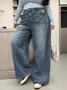 Dazy Plus Plus Size Distressed Washed Wide Leg Long Denim Jeans - Dark Wash - View 7
