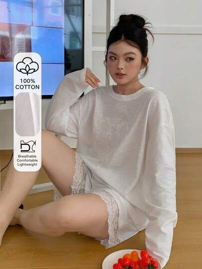 Dazy Plus 两件套优雅蕾丝蝴蝶结装饰圆领上衣和蕾丝边短裤睡衣套装，大码女装春夏款