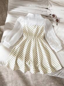 SHEIN Young Girl Polka Dot Print Patchwork Long Sleeve Dress, Spring/Summer - Multicolor - View 7