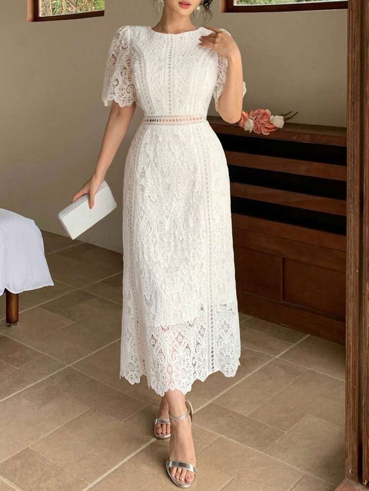 Elegant Fitted Lace Midi Dress For Women, Spring & Summer