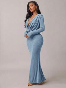 Radiana Vestido sereia verde menta com decote profundo e mangas compridas, elegante e formal, ideal para encontros, reuniões, aniversários, festas, formaturas, banquetes e coquetéis. - Azul - Ver 4