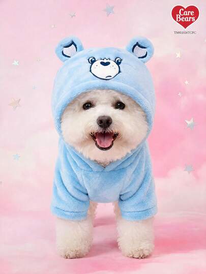 Care Bears X PETSIN 1 Piece Of Cat/Dog Universal Clothing, Blue Heart-Shaped Bear Embroidered Pet Cosplay, 3D Tail Velvet Hooded Sweatshirt, Autumn And Winter Thick Warm Pullover