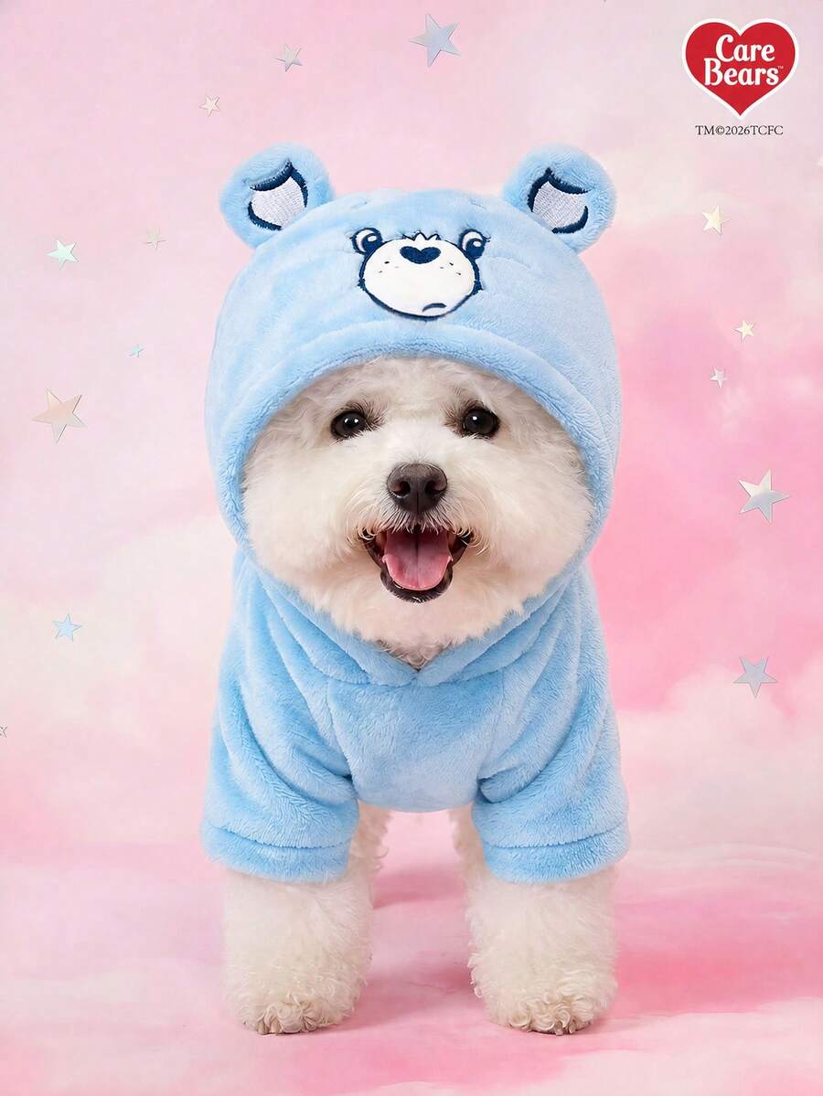 Care Bears X PETSIN 1件猫/狗通用服装，蓝色心形小熊刺绣宠物角色扮演服，3D尾巴绒面连帽卫衣，秋冬加厚保暖套头衫 - 藍色 - 查看 1