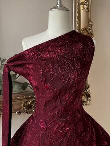 Elegantes romantisches Mode Burgunderrotes Jacquard-Gewebe asymmetrisches Reißverschluss A-Linien Kleid, geeignet für Abschlussfeier, Schulöffnung, Musikfestival, Geburtstagsfest, Hochzeit, Nachmittagstee, Tanzparty, Brautkleid, Geschenk - Bordeaux - Übersicht 5