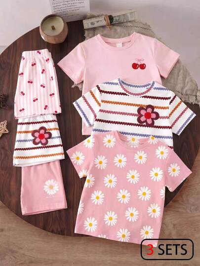 Conjunto de 6 peças para meninas, incluindo 1 conjunto com estampa floral e listrada, 1 conjunto fofo e delicado com estampa de cerejas e listras, e 1 conjunto romântico e romântico com estampa floral de margaridas. Ideal para uso diário, em casa, em férias e na primavera/verão.